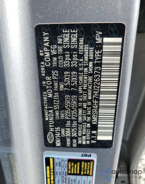 2017 Hyundai Santa Fe Se Ultimate z USA, uszkodzony, nr VIN KM8SR4HF7HU226373